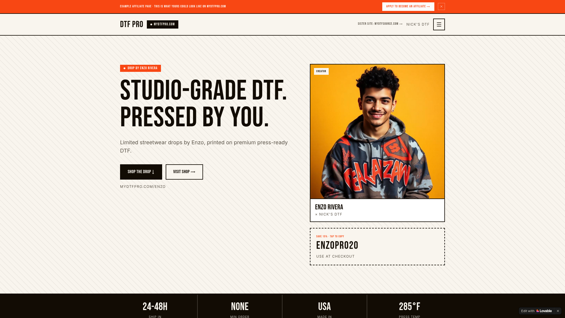 Screenshot of Enzo Rivera affiliate landing page on mydtfpro.com