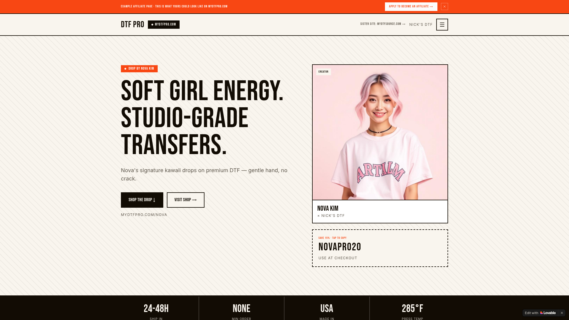 Screenshot of Nova Kim affiliate landing page on mydtfpro.com